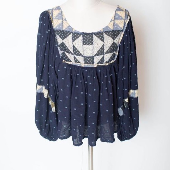 Free People navy patchwork peasant blouse, size S - Picture 2 of 2